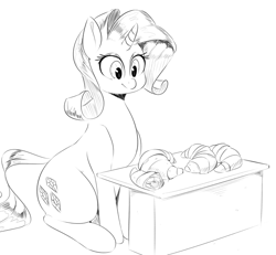 Size: 1000x922 | Tagged: safe, artist:sirmasterdufel, character:rarity, bread, croissant, female, food, grayscale, monochrome, rarity looking at food, solo