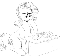 Size: 1000x922 | Tagged: safe, artist:sirmasterdufel, character:rarity, bread, croissant, female, food, monochrome, rarity looking at food, solo