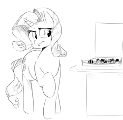 Size: 1660x1621 | Tagged: safe, artist:sirmasterdufel, character:rarity, chocolate, female, food, monochrome, rarity looking at food, solo, truffles