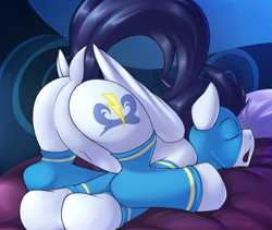 Size: 2933x2480 | Tagged: safe, artist:dripponi, artist:lattynskit, character:soarin', species:pony, bed, clothing, dock, face down ass up, featureless crotch, male, plot, sleeping, socks, solo