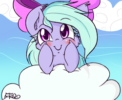 Size: 2000x1636 | Tagged: safe, artist:freefraq, character:flitter, blushing, bow, cheek fluff, cloud, cute, ear fluff, female, flitterbetes, freefraq is trying to murder us, hair bow, heart eyes, looking at you, prone, smiling, solo, wingding eyes