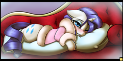 Size: 3600x1800 | Tagged: safe, artist:captainpudgemuffin, character:rarity, species:pony, species:unicorn, bedroom eyes, blushing, captainpudgemuffin is trying to murder us, clothing, commission, couch, cute, draw me like one of your french girls, female, looking at you, mare, one eye closed, pillow, raribetes, robe, smiling, solo, sweet dreams fuel