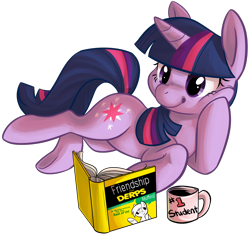 Size: 900x846 | Tagged: safe, artist:php27, character:derpy hooves, character:twilight sparkle, species:pony, species:unicorn, book, cup, for dummies, lying down, mug, on side, reading, simple background, smiling, squishy cheeks, transparent background