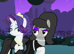 Size: 1024x747 | Tagged: safe, artist:cheezedoodle96, artist:trainman3985, character:octavia melody, character:rarity, species:pony, alternate hairstyle, audrey hepburn, bedroom eyes, breakfast at tiffany's, clothing, dress, duo, evening gloves, eyeshadow, gloves, holly golightly, makeup, necklace, night, pantyhose, tiara, vector