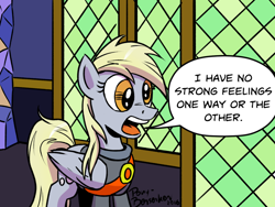Size: 960x720 | Tagged: safe, artist:pony-berserker, character:derpy hooves, species:pegasus, species:pony, clothing, dialogue, female, futurama, mare, neutral response, open mouth, reference, solo, speech bubble