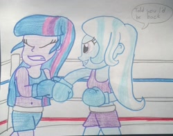Size: 1943x1531 | Tagged: safe, artist:toyminator900, character:trixie, character:twilight sparkle, my little pony:equestria girls, boxing, boxing gloves, boxing ring, dialogue, punch