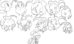 Size: 1280x768 | Tagged: safe, artist:tess, character:pinkie pie, species:earth pony, species:pony, facial expressions, female, mare, monochrome, sketch, sketch dump, solo