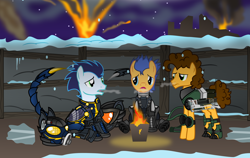 Size: 4852x3074 | Tagged: safe, artist:vector-brony, character:cheese sandwich, character:flash sentry, character:soarin', species:pony, fallout equestria, absurd resolution, armor, best friends, cold, commission, enclave armor, fallout, fireplace, flankorage, laser gun, power armor, sad, shadowbolt armor, trench, trio, war, winter