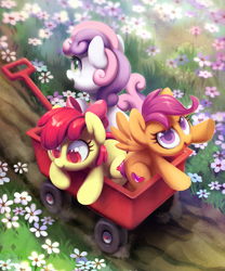 Size: 1650x1981 | Tagged: safe, artist:dawnfire, character:apple bloom, character:scootaloo, character:sweetie belle, species:earth pony, species:pegasus, species:pony, species:unicorn, g4, adorabloom, bow, colored pupils, cute, cutealoo, cutie mark, cutie mark crusaders, dawwww, diasweetes, female, filly, flower, hair bow, open mouth, print, profile, scenery, smiling, spread wings, the cmc's cutie marks, wagon, wings