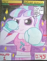 Size: 1469x1893 | Tagged: safe, artist:toyminator900, character:starlight glimmer, my little pony:equestria girls, boxing, boxing gloves, boxing ring, equestria girls-ified, offscreen character, pov, punch, traditional art