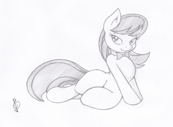 Size: 774x569 | Tagged: safe, artist:joey darkmeat, character:octavia melody, species:earth pony, species:pony, draw me like one of your french girls, female, grayscale, mare, monochrome, on side, simple background, solo, traditional art, white background