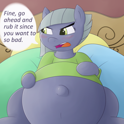 Size: 2000x2000 | Tagged: safe, artist:funble, character:limestone pie, species:earth pony, species:pony, belly, belly button, big belly, blushing, clothing, dialogue, female, limetsun pie, mare, outie belly button, pregnant, pregnant limestone, shirt, solo, tsundere