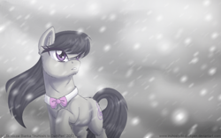 Size: 1024x640 | Tagged: safe, artist:inuhoshi-to-darkpen, character:octavia melody, species:earth pony, species:pony, female, mare, raised hoof, snow, snowfall, solo, windswept mane