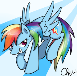 Size: 1749x1732 | Tagged: safe, artist:nekocrispy, character:rainbow dash, species:pegasus, species:pony, abstract background, female, mare, smug, solo, spread wings, wings