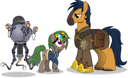 Size: 5306x3250 | Tagged: safe, artist:vector-brony, oc, oc only, species:pony, species:unicorn, fallout equestria, absurd resolution, clothing, commission, fallout, mister handy, raised hoof, robot, simple background, transparent background, vault suit, vector