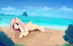 Size: 1920x1200 | Tagged: safe, artist:miokomata, character:fluttershy, cloud, crossed hooves, cute, female, island, ocean, open mouth, sand, scenery, shore, shyabetes, sky, solo, summer, water