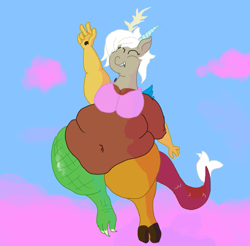 Size: 807x795 | Tagged: safe, artist:lupin quill, character:discord, oc:eris, species:anthro, bbw, big belly, bra, busty eris, clothing, cloud, cotton candy, cotton candy cloud, fat, female, food, happy, huge eris, peace sign, rule 63, solo, underwear