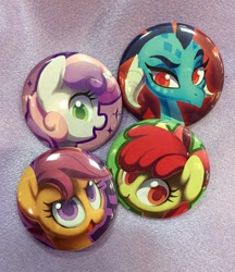 Size: 1104x1280 | Tagged: safe, artist:dawnfire, character:apple bloom, character:princess ember, character:scootaloo, character:sweetie belle, species:dragon, species:pegasus, species:pony, button, buttons, colored pupils, cutie mark crusaders, irl, looking at you, merchandise, photo