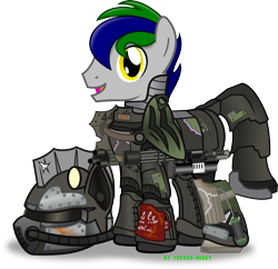 Size: 3099x3006 | Tagged: safe, artist:vector-brony, oc, oc only, oc:right away, armor, commission, damaged, fallout, fallout equestria: changing gears, grenade launcher, helmet, minigun, power armor, powered exoskeleton, simple background, solo, transparent background, vector