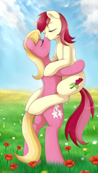 Size: 1500x2665 | Tagged: safe, artist:evomanaphy, character:lily, character:lily valley, character:roseluck, ship:roselily, cloud, couple, female, flower, flower field, kissing, lesbian, shipping