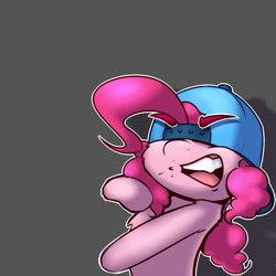 Size: 2400x2400 | Tagged: safe, artist:captainpudgemuffin, character:pinkie pie, species:earth pony, species:pony, backwards ballcap, baseball cap, cap, cheek fluff, chest fluff, clothing, cute, diapinkes, female, gangsta, gangster, gray background, hat, mare, open mouth, pinkie being pinkie, rapping, shoulder fluff, simple background, solo, talking, wardrobe misuse