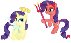 Size: 3200x1920 | Tagged: safe, artist:cheezedoodle96, character:rarity, species:pony, species:unicorn, episode:the saddle row review, g4, my little pony: friendship is magic, .svg available, absurd resolution, angel, angel rarity, bedroom eyes, conscience, demon, devil rarity, duo, female, haylo, horns, internal monologue, mare, pitchfork, shoulder angel, shoulder devil, simple background, svg, transparent background, trident, vector