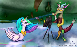 Size: 1200x740 | Tagged: safe, artist:xbi, character:discord, character:princess celestia, angry, camera, celestia is not amused, cloud, discord being discord, duck pony, frown, glare, nose wrinkle, open mouth, rainbow, scenery, sky, smirk, swanlestia, tabun art-battle finished after, this will end in pain, this will end in petrification, upside down, varying degrees of amusement