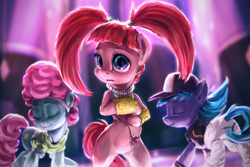 Size: 1920x1280 | Tagged: safe, artist:assasinmonkey, character:azure velour, character:pacific glow, species:pony, episode:the saddle row review, g4, my little pony: friendship is magic, belly button, bipedal, clothing, club pony party palace, crew, cute, dance floor, dancing, eyes closed, flashdancer, group, hat, pacifier, raised hoof, rave, scene interpretation, twintails, wide hips