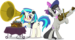 Size: 5994x3207 | Tagged: safe, artist:vector-brony, character:dj pon-3, character:octavia melody, character:vinyl scratch, species:earth pony, species:pony, species:unicorn, episode:a hearth's warming tail, g4, my little pony: friendship is magic, absurd resolution, bipedal, bow (instrument), bow tie, clothing, cutie mark, female, fiddle, glasses, gramophone, hat, headphones, hooves, horn, looking at each other, mare, music notes, musical instrument, simple background, smiling, sunglasses, table, transparent background, vector, victorian, violin, violin bow, wax cylinder