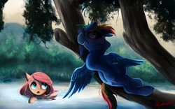 Size: 1920x1200 | Tagged: safe, artist:miokomata, character:fluttershy, character:rainbow dash, duo, forest, implied flutterdash, open mouth, pond, signature, tree branch, water, wet mane