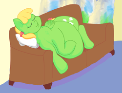 Size: 861x659 | Tagged: safe, artist:lupin quill, oc, oc only, oc:bric-a-brac, belly, couch, eyes closed, fat, obese, pillow, sleeping, solo