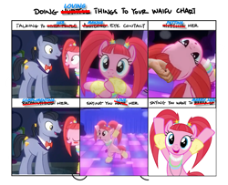 Size: 1600x1300 | Tagged: safe, artist:cheezedoodle96, edit, edited screencap, screencap, character:diamond cutter, character:pacific glow, species:pony, episode:the saddle row review, g4, my little pony: friendship is magic, blushing, dancing, disembodied hand, doing loving things, glowstick, leg warmers, meme, pacifier