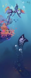 Size: 1724x4311 | Tagged: safe, artist:holivi, character:rainbow dash, species:anthro, female, jolly roger, ship, solo, sunken ship, underwater, water