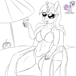 Size: 1500x1500 | Tagged: safe, artist:chapaevv, character:shining armor, character:twilight sparkle, character:twilight velvet, species:anthro, beach, bikini, breasts, busty twilight velvet, clothing, female, heart, implied incest, monochrome, simple background, swimsuit