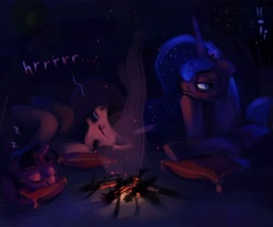 Size: 3448x2874 | Tagged: safe, artist:holivi, character:princess celestia, character:princess luna, character:twilight sparkle, species:alicorn, species:pony, species:unicorn, campfire, camping, female, high res, mare, night, pillow, sleeping