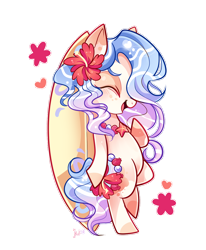 Size: 1000x1212 | Tagged: safe, artist:ipun, oc, oc only, oc:kala, species:pony, bipedal, blushing, eyes closed, female, flower, flower in hair, heart, mare, original species, pond pony, simple background, smiling, solo, surfboard, transparent background
