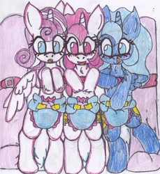 Size: 2457x2685 | Tagged: safe, artist:cuddlelamb, character:princess celestia, character:princess flurry heart, character:princess luna, species:pony, age regression, baby, baby pony, diaper, foal, royal sisters, traditional art