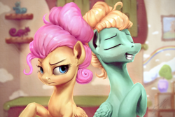 Size: 1920x1280 | Tagged: safe, artist:assasinmonkey, character:fluttershy, character:zephyr breeze, species:pegasus, species:pony, episode:flutter brutter, g4, my little pony: friendship is magic, alternate hairstyle, brother and sister, eyes closed, female, male, mare, raised hoof, scene interpretation, signature, stallion, that was fast