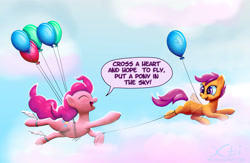 Size: 4018x2627 | Tagged: safe, artist:xbi, character:pinkie pie, character:rainbow dash, character:scootaloo, species:pegasus, species:pony, absurd resolution, balloon, cloud, cute, cutealoo, diapinkes, eyes closed, flapping, flying, happy, hnnng, looking back, missing cutie mark, open mouth, scootaloo can fly, scootalove, sky, smiling, string, then watch her balloons lift her up to the sky, wallpaper