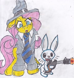 Size: 2473x2586 | Tagged: safe, artist:cuddlelamb, character:angel bunny, character:fluttershy, clothing, cosplay, costume, detective, duo, gun, luger, necktie, no trigger discipline, sam and max, traditional art, weapon