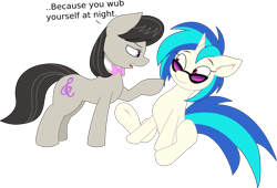 Size: 1218x828 | Tagged: safe, artist:canon-lb, artist:joey darkmeat, character:dj pon-3, character:octavia melody, character:vinyl scratch, species:earth pony, species:pony, species:unicorn, bow tie, comic, cutie mark, female, hooves, horn, mare, open mouth, pun, simple background, sunglasses, teeth, transparent background, vector, wub