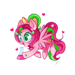 Size: 1200x1200 | Tagged: safe, artist:ipun, oc, oc only, oc:precious metal, species:pegasus, species:pony, blushing, bow, female, flask, goggles, hair bow, heart, heart eyes, mare, simple background, solo, transparent background, wingding eyes