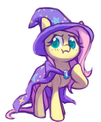 Size: 848x1022 | Tagged: safe, artist:dawnfire, character:fluttershy, character:trixie, species:pony, species:unicorn, accessory swap, blushing, clothing, colored pupils, cosplay, costume, female, hat, mare, scrunchy face, simple background, solo, the great and powerful, transparent background, trixie's cape, trixie's hat, wizard hat