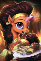Size: 800x1200 | Tagged: safe, artist:assasinmonkey, character:saffron masala, species:pony, species:unicorn, episode:spice up your life, g4, my little pony: friendship is magic, bandana, beans, bread, chef, clothing, ear piercing, earring, female, food, indian, jewelry, levitation, looking at you, magic, mare, open mouth, piercing, plate, signature, smiling, solo, telekinesis
