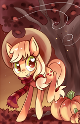 Size: 550x849 | Tagged: safe, artist:ipun, character:applejack, autumn, clothing, female, heart eyes, pumpkin, scarf, solo