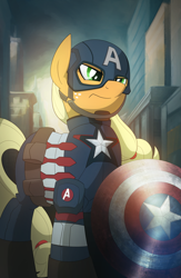 Size: 3375x5175 | Tagged: safe, artist:drawponies, character:applejack, absurd resolution, captain america, city, clothing, crossover, female, freckles, helmet, marvel, shield, solo, superhero