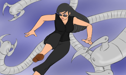 Size: 1440x858 | Tagged: safe, artist:eve-ashgrove, character:octavia melody, species:human, breasts, cleavage, crossover, doctor octavia, doctor octopus, female, glasses, humanized, jumping, marvel, open mouth, solo, spider-man, sunglasses, tentacles