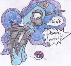 Size: 2445x2278 | Tagged: safe, artist:cuddlelamb, character:nightmare moon, character:princess luna, :o, confused, crossover, cute, looking down, master ball, open mouth, pokéball, pokémon, traditional art, wide eyes