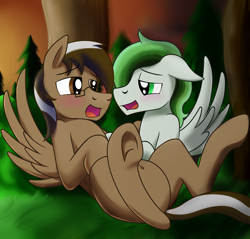 Size: 2000x1913 | Tagged: safe, artist:dripponi, oc, oc only, oc:dreamer skies, oc:yoshi ringo, species:pegasus, species:pony, belly button, blushing, cuddling, cute, forest, gay, grass, happy, implied kissing, implied shipping, male, sunset, underhoof