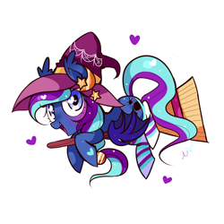 Size: 1200x1200 | Tagged: safe, artist:ipun, oc, oc only, oc:witch hunt, species:bat pony, species:pony, broom, clothing, ear fluff, flying, flying broomstick, hat, heart, heart eyes, looking at you, open mouth, simple background, smiling, socks, solo, striped socks, white background, wingding eyes